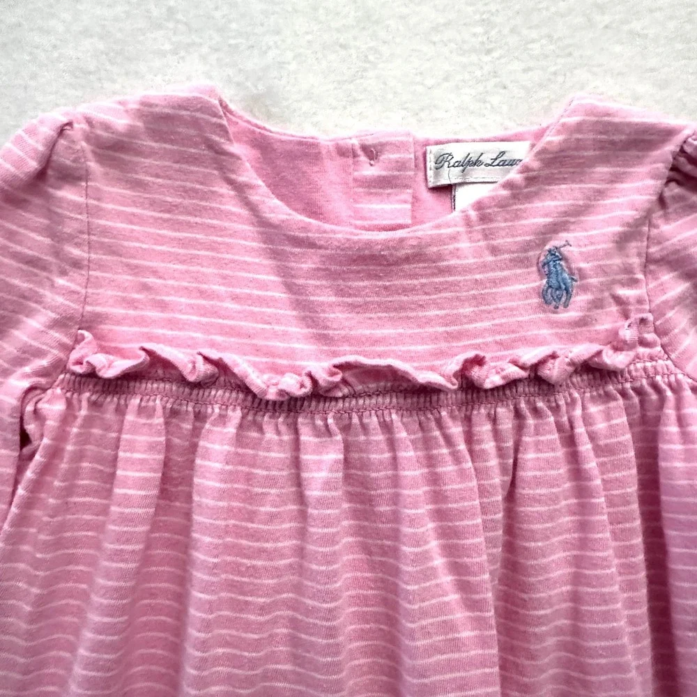 Ralph Lauren Baby Girl 9M Striped Ruffle Cotton Coverall Romper Pink White Snap